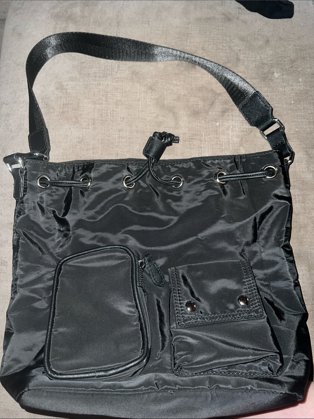 Men's Black Nylon Messenger Bag with Front Pockets